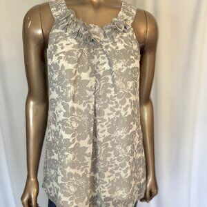 Adiva - Flowy Sleeveless Blouse with Embellished Flowerets, Off White and Gray